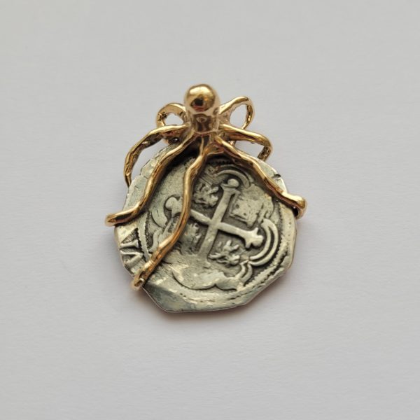 2 Reales Spanish coin with 14 karat gold octopus pendant setting