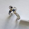 Lady's White 18K Huggies Earrings with Square Cushion Diamonds and Square Cushion Sapphires - Image 2