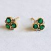 Lady's Yellow 18K Stud Earrings with Round Emeralds and Round Diamonds