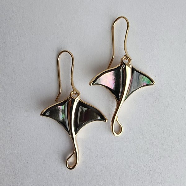 Stingray Earrings in 14 Karat Gold with Mother of Pearl Inlay - Image 3