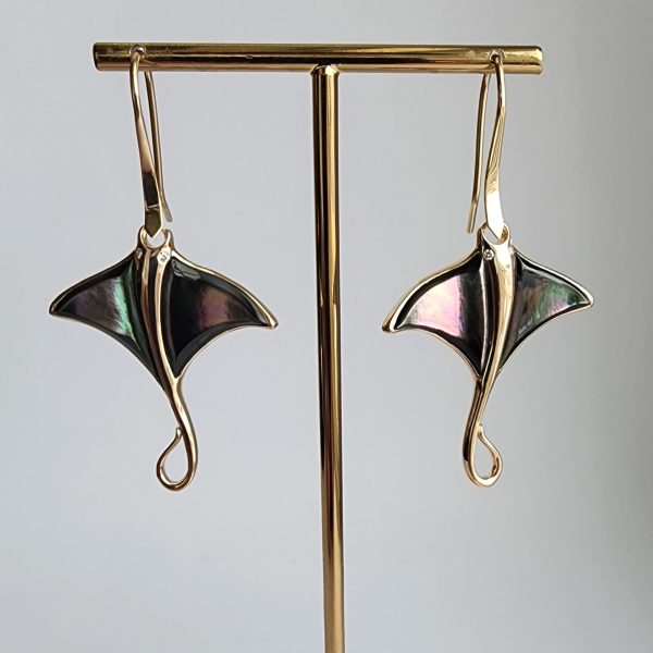 Stingray Earrings in 14 Karat Gold with Mother of Pearl Inlay - Image 4