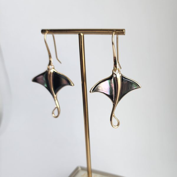 Stingray Earrings in 14 Karat Gold with Mother of Pearl Inlay - Image 2