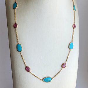 Turquoise and Garnet Station Necklace in 18k Yellow Gold