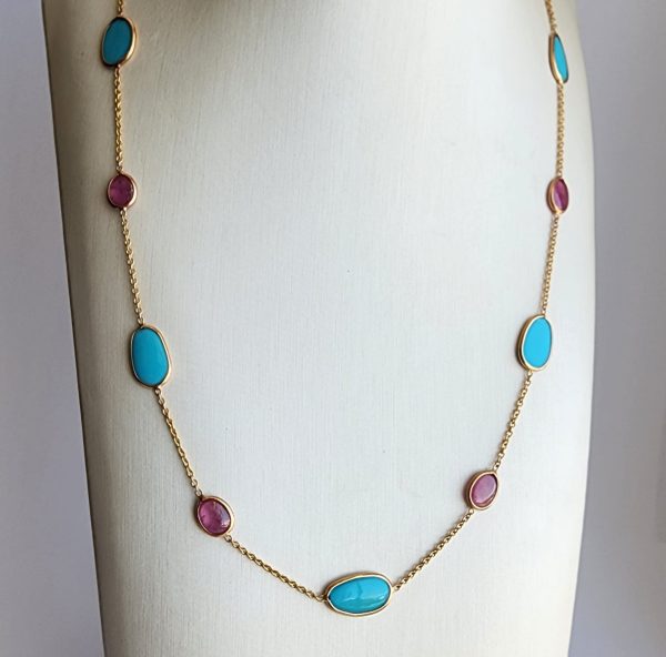 Turquoise and Garnet Station Necklace in 18k Yellow Gold