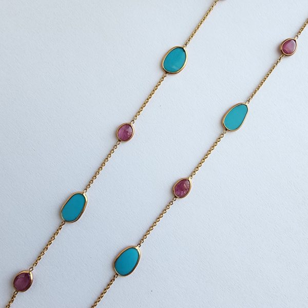 Turquoise and Garnet Station Necklace in 18k Yellow Gold - Image 2